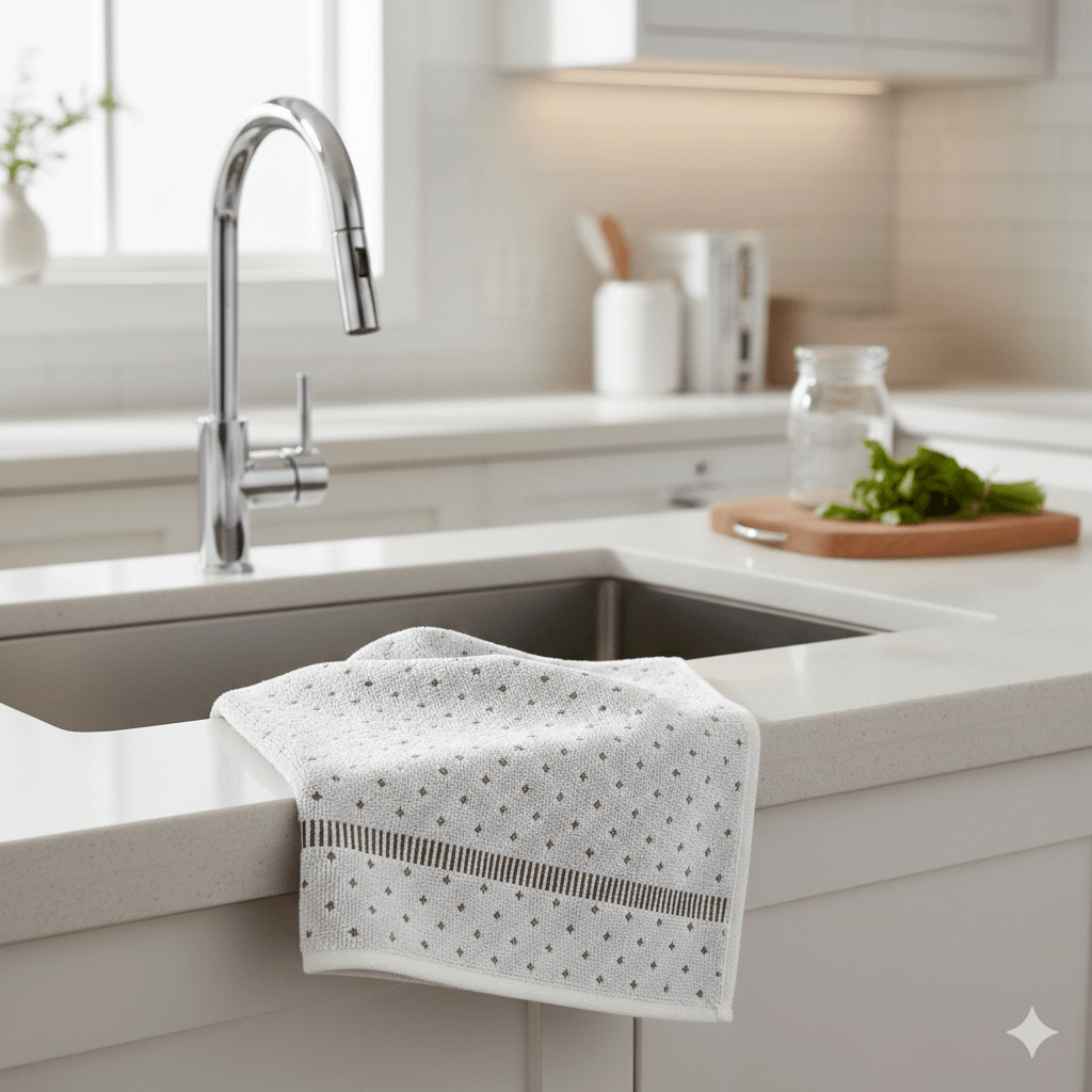 Białe ręczniki bawełniane zawieszone w nowoczesnej, luksusowej łazience